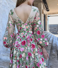 Load image into Gallery viewer, A-Line V-Neck Long Sleeves Floral Formal Prom Dresses With Flowers
