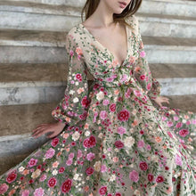 Load image into Gallery viewer, A-Line V-Neck Long Sleeves Floral Formal Prom Dresses With Flowers

