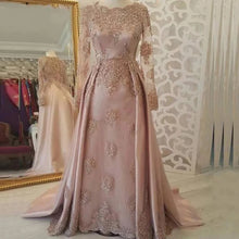 Load image into Gallery viewer, Pink Mother of the Bride Dresses Sequin Lace Appliques Wedding Guest Dress O Neck Satin Formal Dress Long Sleeves

