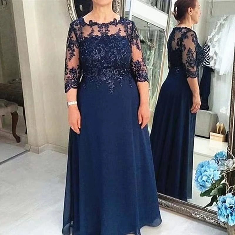 Navy Blue Mother of the Bride Dress for Wedding Chiffon Lace Appliques Long Formal Dress 3/4 Sleeves