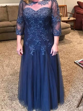 Load image into Gallery viewer, Blue Mother of the Bride Dresses Sequin Lace Appliques Wedding Guest Dress A Line Tulle Formal Dress 3/4 Sleeves

