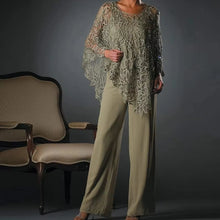Load image into Gallery viewer, Mother Of The Bride Pantsuit 3Pcs Chiffon Wedding Guest Dress with Lace Irregual Jacket
