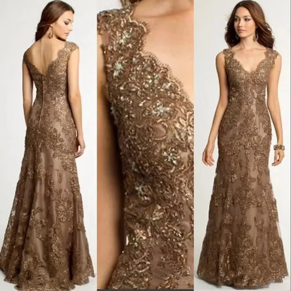 Brown Mermaid Mother of the Bride Dresses V Neck Tulle Long Formal Dress with Lace Appliques
