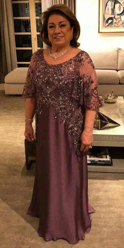 Mother of the Bride Dress for Wedding O Neck Lace Beaded Wedding Guest Dress with Half Sleeves