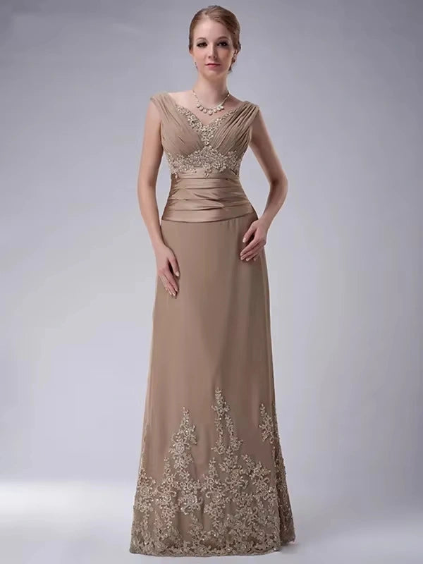 Elegant Mother of the Bride Dresses Sequin Lace Appliques Wedding Guest Dress V Neck Pleated Evening Dresses Chiffon