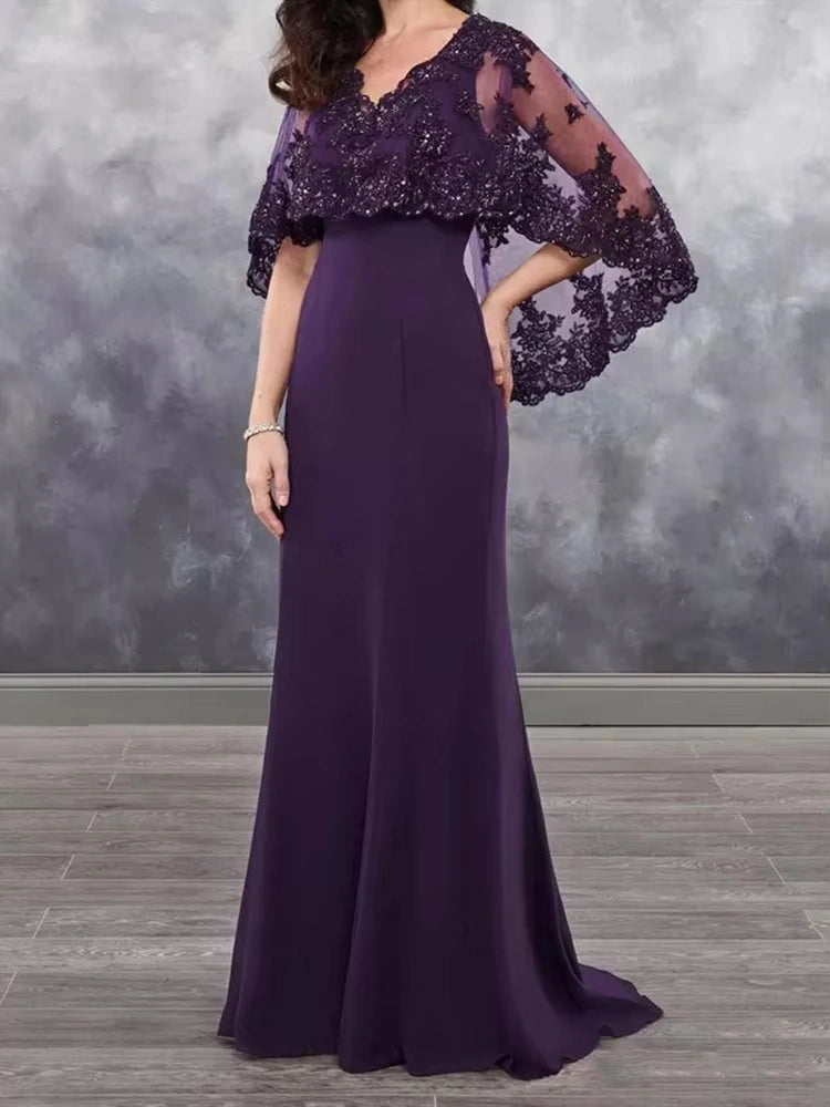 Purple Mother of the Bride Dresses Sparkly Sequin Lace Wedding Guest Dress V Neck Chiffon Formal Dress Cape Sleeves