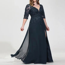 Load image into Gallery viewer, Navy Blue Mother of the Bride Dresses Sequined Lace Appliques Formal Dress V Neck Slit Wedding Guest Dress  3/4 Sleeves
