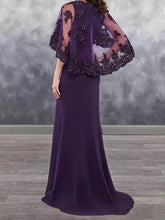 Load image into Gallery viewer, Purple Mother of the Bride Dresses Sparkly Sequin Lace Wedding Guest Dress V Neck Chiffon Formal Dress Cape Sleeves
