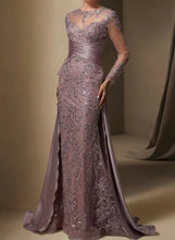Load image into Gallery viewer, Mermaid Mother of the Bride Dresses Sequin Lace Wedding Guest Dress O Neck Tulle Formal Dress Long Sleeves
