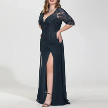 Load image into Gallery viewer, Navy Blue Mother of the Bride Dresses Sequined Lace Appliques Formal Dress V Neck Slit Wedding Guest Dress  3/4 Sleeves
