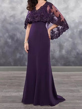 Load image into Gallery viewer, Purple Mother of the Bride Dresses Sparkly Sequin Lace Wedding Guest Dress V Neck Chiffon Formal Dress Cape Sleeves
