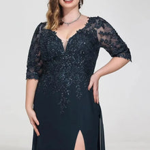 Load image into Gallery viewer, Navy Blue Mother of the Bride Dresses Sequined Lace Appliques Formal Dress V Neck Slit Wedding Guest Dress  3/4 Sleeves
