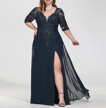 Load image into Gallery viewer, Navy Blue Mother of the Bride Dresses Sequined Lace Appliques Formal Dress V Neck Slit Wedding Guest Dress  3/4 Sleeves
