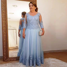 Load image into Gallery viewer, Light Blue Mother of the Bride Dress for Wedding Lace Tulle Formal Evening Gowns 3/4 Long Sleeves
