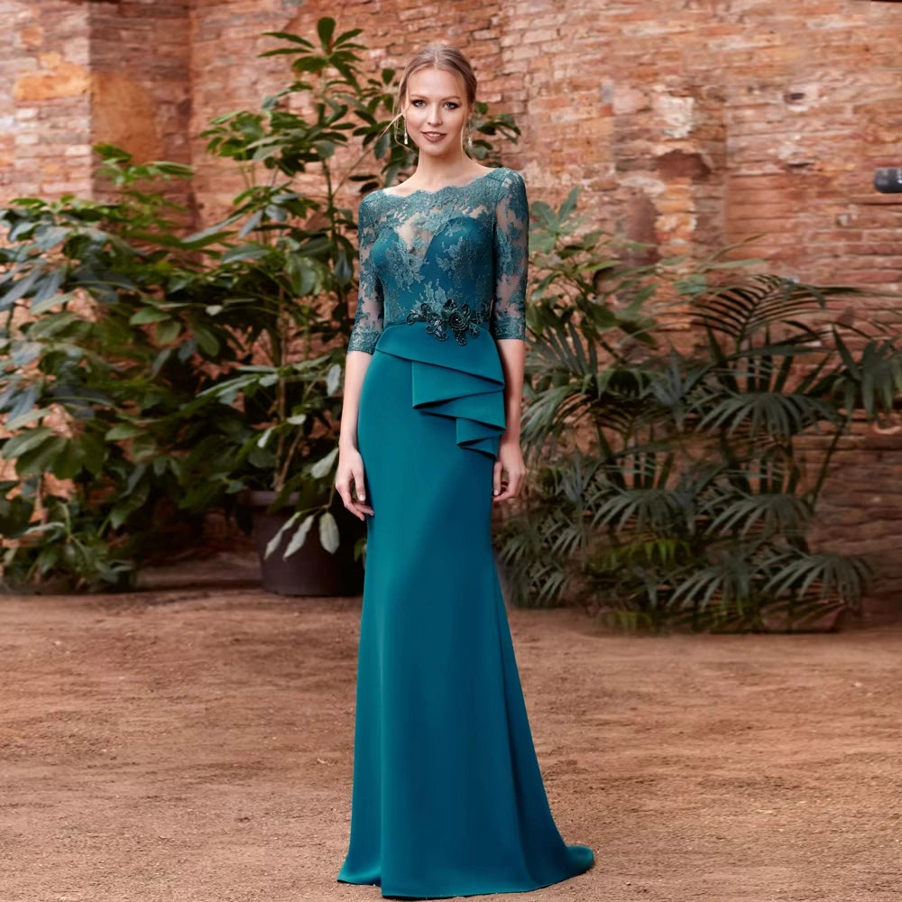 Teal Blue Mother of the Bride Dresses Mermaid Lace Wedding Guest Dress Boat Neck Evening Dress Half Sleeves
