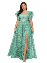 Load image into Gallery viewer, Navy Blue V Neck A Line Ruffled Sleeve Mother of the Bride Dress with High Slit
