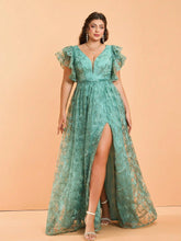 Load image into Gallery viewer, Navy Blue V Neck A Line Ruffled Sleeve Mother of the Bride Dress with High Slit
