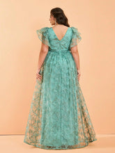 Load image into Gallery viewer, Navy Blue V Neck A Line Ruffled Sleeve Mother of the Bride Dress with High Slit
