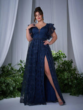 Load image into Gallery viewer, Navy Blue V Neck A Line Ruffled Sleeve Mother of the Bride Dress with High Slit
