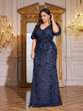 Load image into Gallery viewer, Teal Mermaid Plus Size V Neck Mother of the Bride Dress with Sequin Appliques

