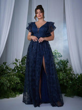 Load image into Gallery viewer, Navy Blue V Neck A Line Ruffled Sleeve Mother of the Bride Dress with High Slit
