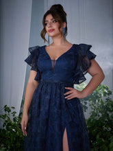 Load image into Gallery viewer, Navy Blue V Neck A Line Ruffled Sleeve Mother of the Bride Dress with High Slit
