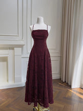 Load image into Gallery viewer, Vintage-Inspired Burgundy Floral Lace Prom Dress, Romantic A-Line Evening Gown
