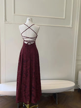 Load image into Gallery viewer, Vintage-Inspired Burgundy Floral Lace Prom Dress, Romantic A-Line Evening Gown
