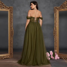 Load image into Gallery viewer, Olive Green Off The Shoulder Plus Size Mother of the Bride Dress with Lace Appliques
