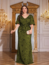 Load image into Gallery viewer, Teal Mermaid Plus Size V Neck Mother of the Bride Dress with Sequin Appliques
