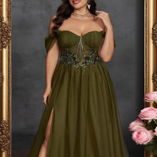 Load image into Gallery viewer, Olive Green Off The Shoulder Plus Size Mother of the Bride Dress with Lace Appliques
