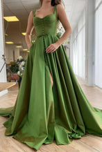Load image into Gallery viewer, Green Satin Prom Dress - A-Line Gown with Front Slit
