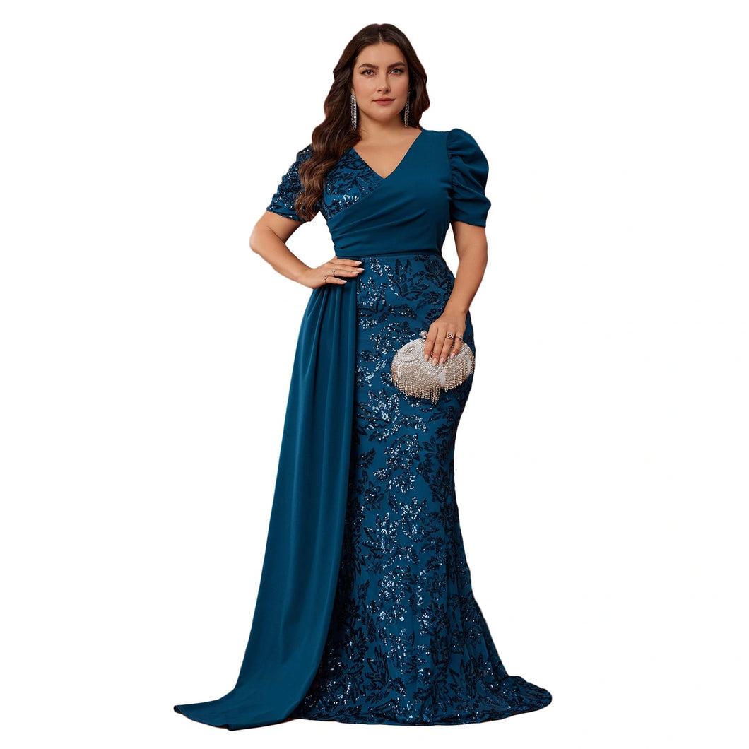 Peacock Mermaid Sequins V Neck Plus Size Mother of the Bride Dress with Streamer