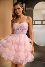 Load image into Gallery viewer, Pink A Line Corset Tiered Tulle Homecoming Dress with Sequins
