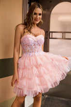 Load image into Gallery viewer, Pink A Line Corset Tiered Tulle Homecoming Dress with Sequins
