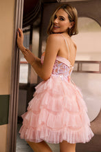 Load image into Gallery viewer, Pink A Line Corset Tiered Tulle Homecoming Dress with Sequins

