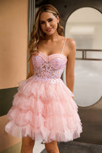 Load image into Gallery viewer, Pink A Line Corset Tiered Tulle Homecoming Dress with Sequins
