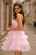 Load image into Gallery viewer, Pink Strapless Sequins Corset Tiered Mini Homecoming Dress
