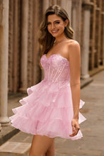 Load image into Gallery viewer, Pink Strapless Sequins Corset Tiered Mini Homecoming Dress

