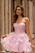 Load image into Gallery viewer, Pink Strapless Sequins Corset Tiered Mini Homecoming Dress
