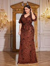 Load image into Gallery viewer, Teal Mermaid Plus Size V Neck Mother of the Bride Dress with Sequin Appliques
