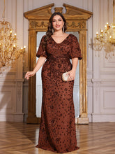 Load image into Gallery viewer, Teal Mermaid Plus Size V Neck Mother of the Bride Dress with Sequin Appliques
