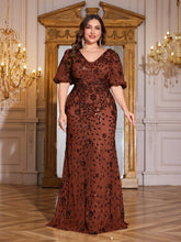 Load image into Gallery viewer, Teal Mermaid Plus Size V Neck Mother of the Bride Dress with Sequin Appliques
