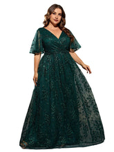 Load image into Gallery viewer, Dark Green V Neck A Line Embroidered Lace Mother of the Bride Dress with Flutter Sleeve
