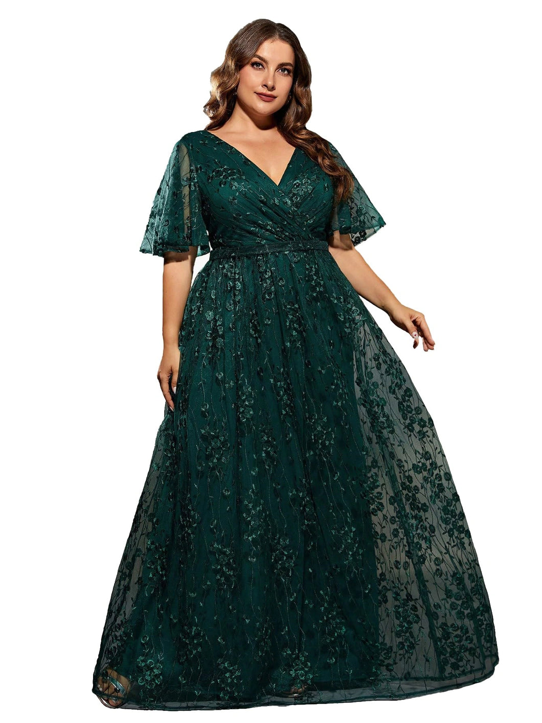Dark Green V Neck A Line Embroidered Lace Mother of the Bride Dress with Flutter Sleeve