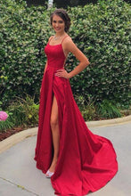 Load image into Gallery viewer, Red spaghetti straps long prom dress satin cross back evening gowns With Train
