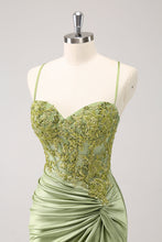 Load image into Gallery viewer, Sparkly Army Green Spaghetti Straps Appliques Pleated Homecoming Dress with Appliques
