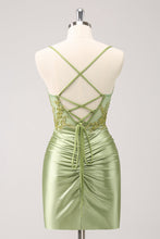 Load image into Gallery viewer, Sparkly Army Green Spaghetti Straps Appliques Pleated Homecoming Dress with Appliques
