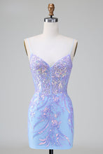 Load image into Gallery viewer, Sparkly Sequins Lilac Corset Short Homecoming Dress with Embroidery
