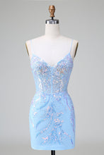 Load image into Gallery viewer, Sparkly Sequins Lilac Corset Short Homecoming Dress with Embroidery
